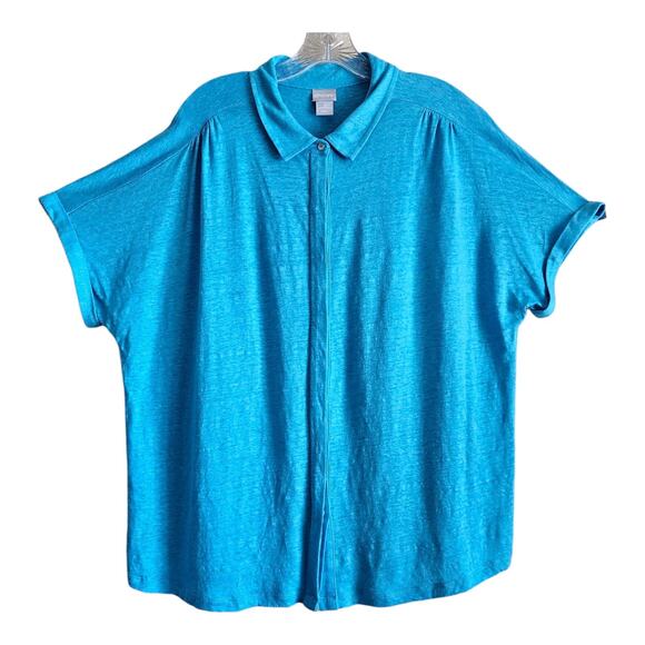 CHICO'S 3 Women XL Linen Tunic Blouse Turquoise Button Up Lagenlook Relaxed 50" - Picture 1 of 7